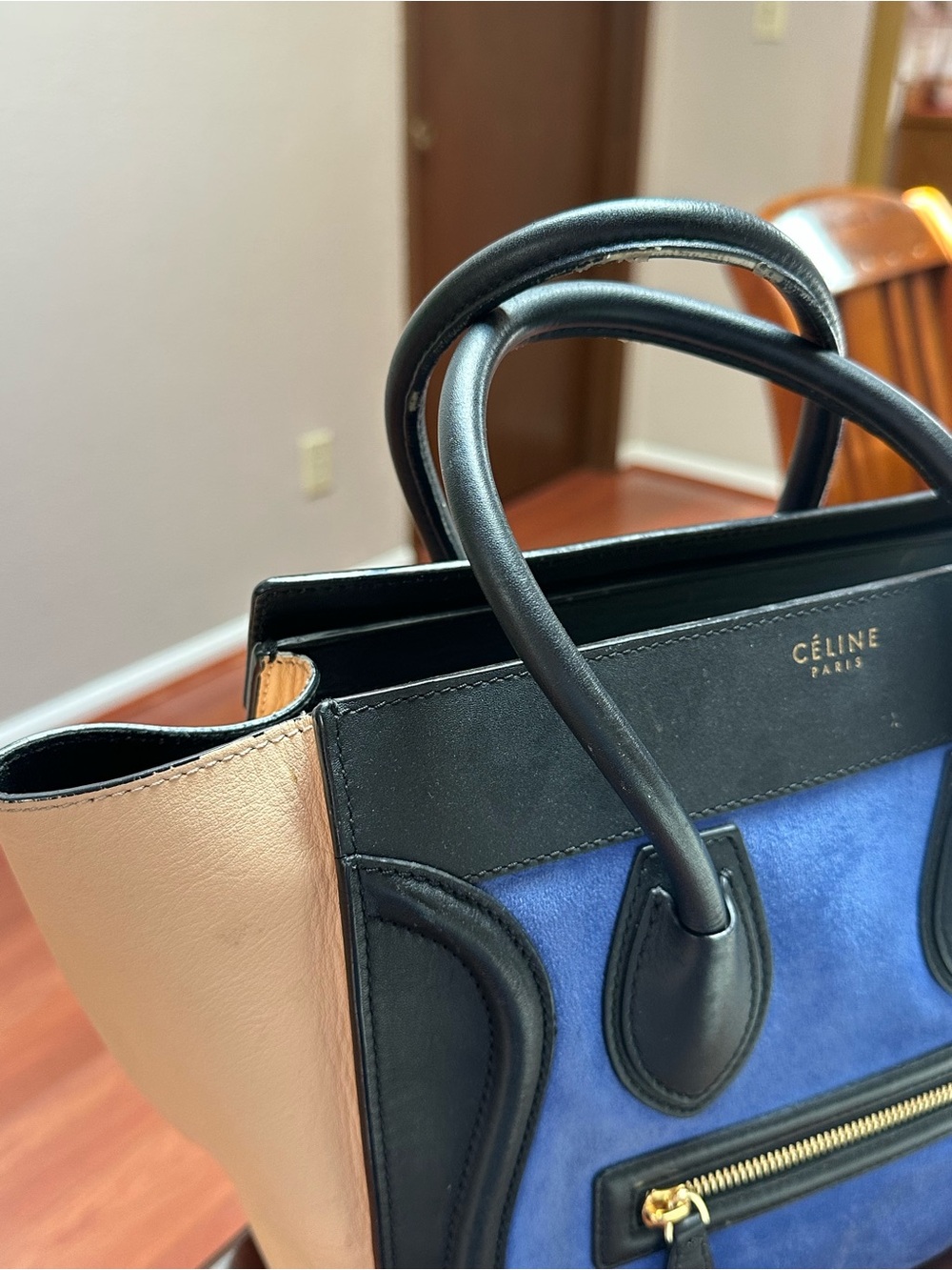 Celine Blue Suede Luggage Tote with Black Trim and Beige Sides - Picture 3 of 8